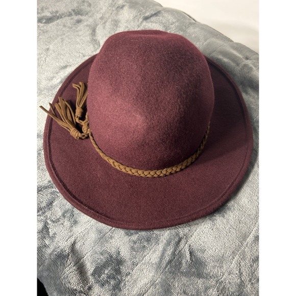 The Unbranded Brand Accessories - Burgundy 100% Wool Wide Brim Hat Braided Faux Leather‎ Band Tassel Boho